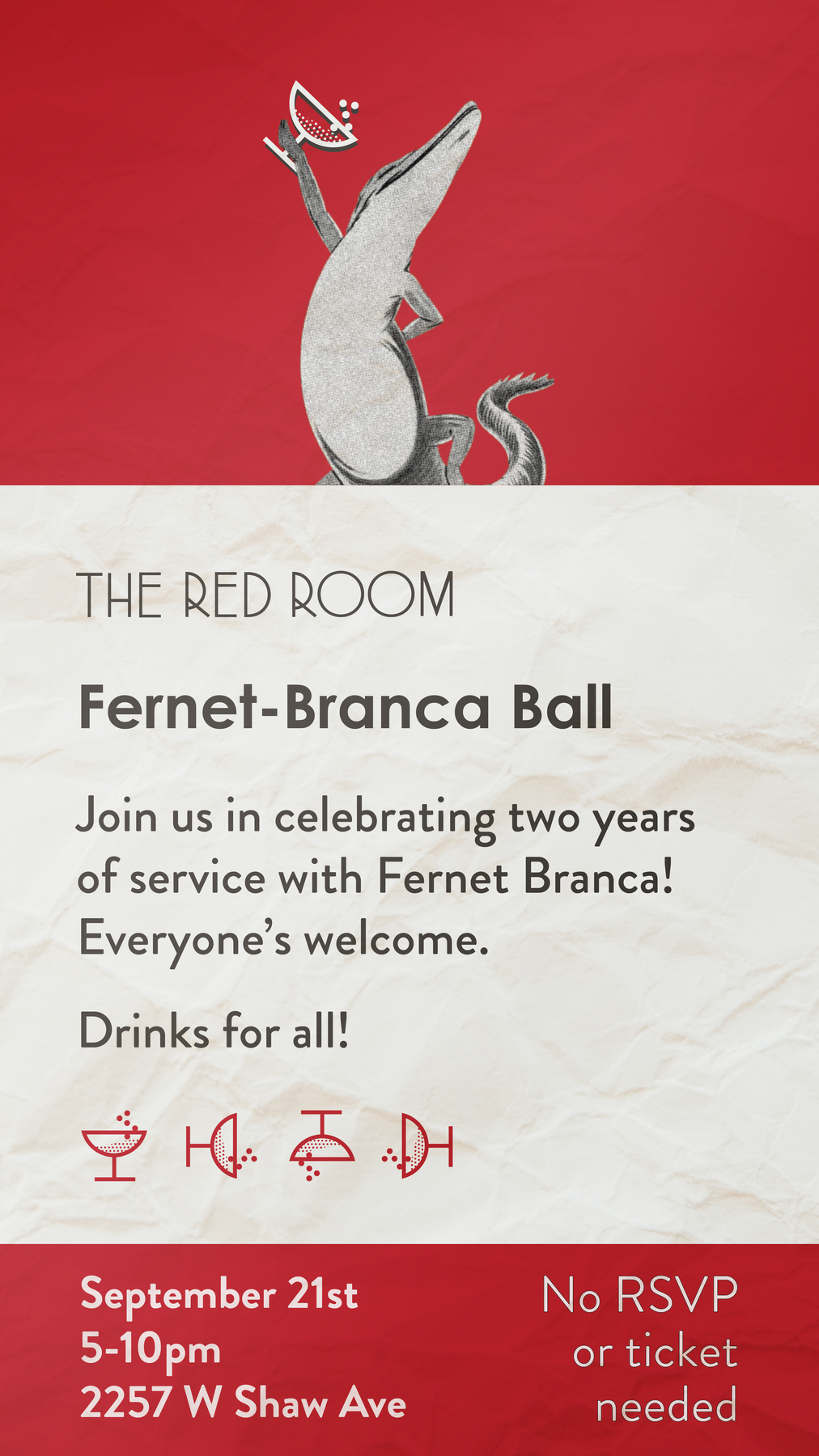 The Red Room Fernet-Branca Ball flyer featuring an alligator in dinner pose holding a martini coupe against deep red ground
